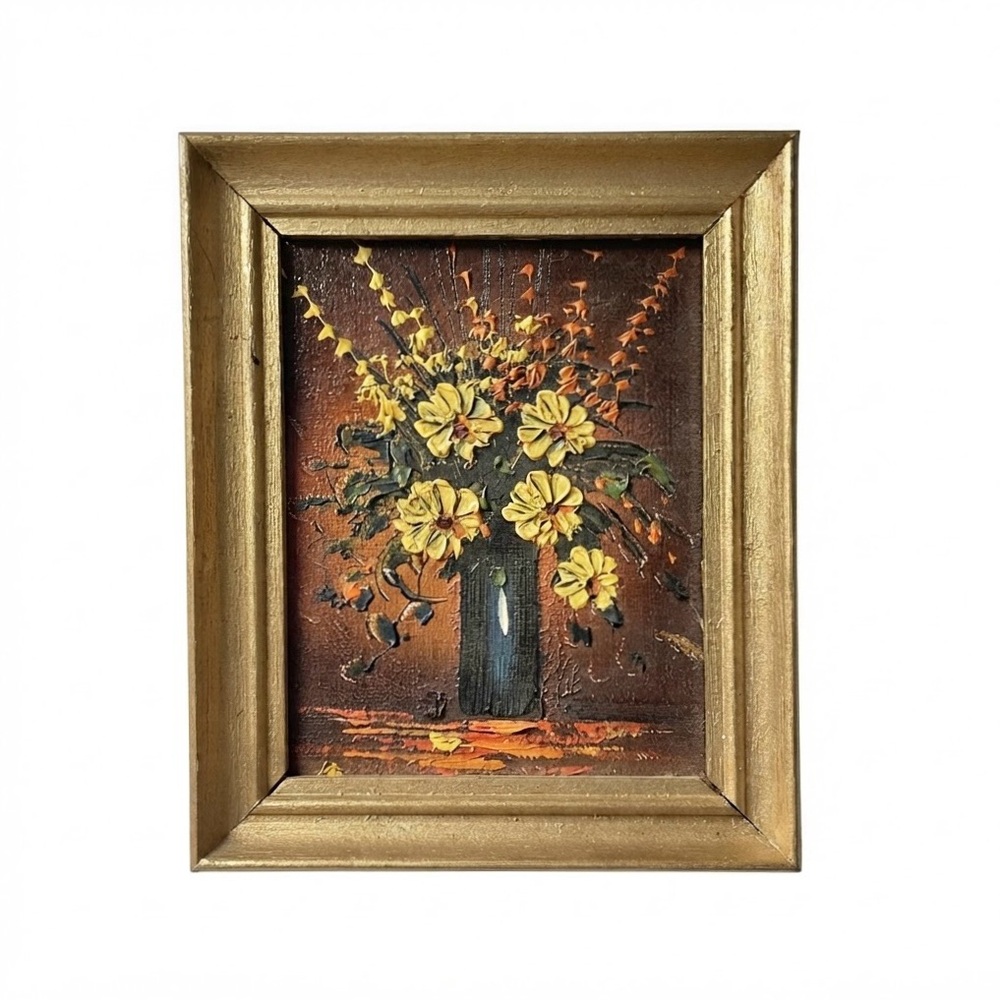 Vintage MCM Gold Framed Oil Painting Floral Impasto Mini Art Wall Decor Collage
